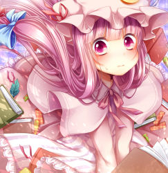 Rule 34 | 1girl, :t, bad id, bad pixiv id, blush, book, bow, capelet, crescent, dress, female focus, hair bow, hat, leaf, long hair, patchouli knowledge, pink eyes, purple hair, ribbon, sanotsuki, solo, sweatdrop, touhou, v arms, wide-eyed