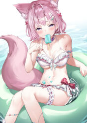 Rule 34 | 1girl, ahoge, animal ear fluff, animal ears, antenna hair, armlet, arou (arrow x666), bare shoulders, bikini, bikini skirt, blush, bow, braid, breasts, choker, cleavage, collarbone, commentary, fang, fingernails, food, food in mouth, food on body, frilled bikini, frilled choker, frills, green innertube, hair ribbon, hakui koyori, hakui koyori (summer), highres, hololive, ice cream, innertube, knees together feet apart, large breasts, legs, looking at viewer, medium hair, mouth hold, nail polish, navel, o-ring, o-ring bikini, o-ring top, pink bow, pink choker, pink hair, pink nails, pink ribbon, popsicle, pulled by self, purple eyes, ribbon, short hair, sitting, smile, solo, stomach, strap pull, swim ring, swimsuit, tail, thigh strap, thighs, underboob, virtual youtuber, water, white background, white bikini, white choker, wolf ears, wolf girl, wolf tail