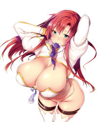 Rule 34 | 1girl, aqua eyes, arms behind head, arms up, blush, boudica (fate), boudica (third ascension) (fate), breasts, cleavage, closed mouth, condom, condom in clothes, condom in mouth, condom packet strip, condom wrapper, cowboy shot, curvy, fate/grand order, fate (series), hair between eyes, highleg, highleg panties, huge breasts, juliet sleeves, legs apart, long hair, long sleeves, looking at viewer, mouth hold, multiple condoms, o-ring, o-ring bottom, o-ring top, oohira sunset, panties, puffy sleeves, red hair, shrug (clothing), sidelocks, simple background, skindentation, smile, solo, straight hair, thigh strap, thighhighs, thighs, underwear, used condom, white background, white panties, white thighhighs, wide hips