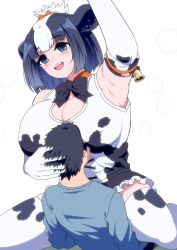 Rule 34 | 1boy, 1girl, animal ears, animal print, arm up, armpits, bell, black bow, black bowtie, black eyes, black hair, blush, bob cut, bow, bowtie, breasts, cleavage cutout, clothing cutout, covered erect nipples, cow ears, cow girl, cow print, detached sleeves, elbow gloves, face to breasts, gloves, highres, holstein friesian cattle (kemono friends), huge breasts, kemono friends, mamiyama, multicolored hair, open mouth, short hair, simple background, sitting, sitting on person, skirt, smile, teeth, thighhighs, thighs, tongue, upper body, upper teeth only, white background, white gloves, white hair, zettai ryouiki