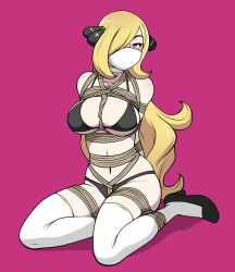 Rule 34 | 1girl, arms behind back, bare shoulders, bdsm, between breasts, bikini, black bikini, blush, bondage, bound, breasts, cleavage, creatures (company), cynthia (pokemon), game freak, green eyes, hair ornament, hair over one eye, half-closed eyes, high heels, highres, jam-orbital, long hair, looking at viewer, mask, medium breasts, mouth mask, navel, nintendo, pokemon, pokemon dppt, purple background, restrained, rope, shibari, simple background, solo, swimsuit, thighhighs, very long hair, white thighhighs