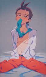 Rule 34 | 1boy, ace attorney, antenna hair, apollo justice, arms at sides, bed sheet, belt, blue necktie, blurry, blush, brown eyes, brown hair, dot nose, grey background, grgrton, heart, heart in eye, looking at viewer, loose necktie, male focus, mouth hold, navel, necktie, necktie in mouth, open clothes, open shirt, pants, red pants, shirt, short hair, sitting, solo, sweat, symbol in eye, wariza, white shirt