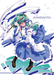 Rule 34 | 1girl, asymmetrical hair, blue skirt, blush, boots, brown footwear, detached sleeves, female focus, frog hair ornament, full-face blush, full body, gohei, green eyes, green hair, hair ornament, holding, knee boots, kochiya sanae, long hair, long sleeves, looking at viewer, matching hair/eyes, nontraditional miko, oonusa, simple background, skirt, solo, standing, takana shinno, touhou, very long hair, vest, white background