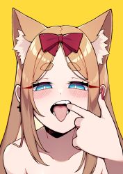 Rule 34 | 1girl, absurdres, animal ear fluff, animal ears, bare shoulders, blonde hair, blue eyes, blush, borrowed character, bow, collarbone, cross, cross earrings, dog ears, earrings, fangs, finger in own mouth, fingernails, fran (gudanco (nyanmeowzer)), hair bow, highres, jewelry, long fingernails, long hair, looking at viewer, nail polish, open mouth, original, parted bangs, red bow, red nails, sidelocks, simple background, slit pupils, solo, thick eyebrows, tongue, tongue out, unexistarts, yellow background