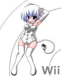 Rule 34 | 1girl, armpits, arms behind head, arms up, black eyes, blue hair, boots, cable, cable tail, elbow gloves, game console, gloves, kanijiru, mechanical tail, nintendo, personification, plug, pointy ears, short hair, solo, tail, thigh boots, thighhighs, white hair, white thighhighs, wii, wii-tan
