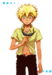 Rule 34 | 1boy, alternate eye color, artist request, blonde hair, blue eyes, clothes lift, denim, dress shirt, facial mark, goggles, goggles around neck, green eyes, jeans, looking at viewer, male focus, messy hair, naruto, naruto (series), navel, open fly, pants, parted lips, shirt, shirt lift, short hair, short sleeves, simple background, solo, sun tattoo, tan, tan tattoo, tanline, tattoo, unzipped, uzumaki naruto, whisker markings, white background