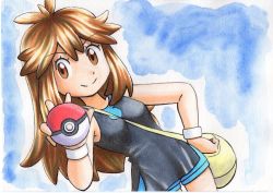 Rule 34 | 1girl, bag, between breasts, black dress, blue background, blue shorts, breasts, brown eyes, brown hair, closed mouth, commentary request, creatures (company), dress, eyelashes, game freak, green (pokemon), hair flaps, hand on own hip, hand up, highres, holding, holding poke ball, long hair, messenger bag, nintendo, oka mochi, poke ball, poke ball (basic), pokemon, pokemon lgpe, short dress, shorts, shoulder bag, sidelocks, sleeveless, sleeveless dress, smile, solo, split mouth, strap between breasts, traditional media, white wristband, wristband, yellow bag