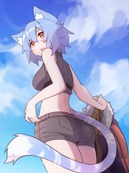 Rule 34 | 1girl, absurdres, animal ear fluff, animal ears, bare shoulders, blue hair, blue sky, breasts, cat ears, cat tail, cloud, cloudy sky, commentary, scar on face, fur trim, highres, looking at viewer, looking back, medium breasts, midriff, open mouth, orange eyes, original, outdoors, ryota tentei, scar, scar on cheek, scar on face, short hair, short shorts, shorts, sky, solo, standing, sweater, tail, tora tentei