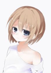 Rule 34 | 10s, 1girl, absurdres, bad id, bad link, bad twitter id, blanc (neptunia), blue eyes, blush, buran buta, female focus, highres, looking at viewer, loose clothes, loose shirt, neptune (series), shirt, short hair, simple background, smile, solo, white background