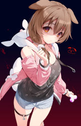 Rule 34 | 1girl, absurdres, animal ears, black choker, black shirt, blue shorts, blush, bone, breasts, brown eyes, brown hair, choker, cleavage, closed mouth, commentary request, dog ears, dog girl, dog tail, gradient background, hair between eyes, hana mori, highres, holding, holding bone, hololive, hood, hood down, hooded jacket, inugami korone, inugami korone (loungewear), jacket, long sleeves, looking at viewer, medium breasts, o-ring, o-ring thigh strap, official alternate costume, open clothes, open jacket, pink jacket, print shirt, shaded face, shirt, short shorts, shorts, simple background, solo, tail, thigh strap, thighs, virtual youtuber, yandere