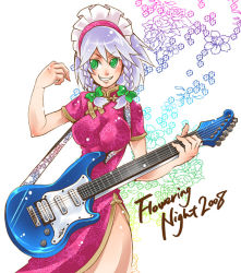 Rule 34 | 1girl, braid, breasts, china dress, chinese clothes, dress, electric guitar, female focus, green eyes, grin, guitar, hat, instrument, izayoi sakuya, kogawa, open clothes, open skirt, plectrum, short hair, silver hair, skirt, smile, solo, fender stratocaster, touhou, twin braids