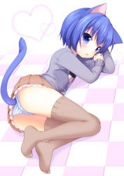 Rule 34 | 1girl, :o, animal ears, ass, bad id, bad pixiv id, blue eyes, blue hair, cardigan, cat ears, cat girl, cat tail, checkered floor, feet, floor, full body, head rest, legs together, lying, matching hair/eyes, microskirt, no shoes, on side, onka, original, panties, pantyshot, polka dot, short hair, skirt, solo, striped clothes, striped panties, tail, thighhighs, underwear, upskirt, usashiro mani