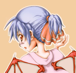 Rule 34 | 1girl, alternate hairstyle, blue hair, female focus, red eyes, remilia scarlet, ribbon, simple background, solo, touhou, wings
