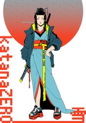 Rule 34 | 1girl, 55 yamisan, bad id, bad pixiv id, black hair, closed mouth, copyright name, dougi, closed eyes, hagiwara56, hair ornament, hand on own hip, highres, holding, holding sword, holding weapon, jacket, japanese clothes, katana, katana zero, kimono, ponytail, sandals, scabbard, sheath, sheathed, snow (katana zero), solo, sword, weapon, white background