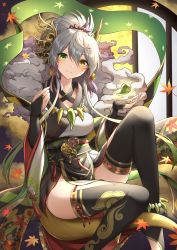 Rule 34 | 1girl, bad id, bad pixiv id, black thighhighs, breasts, bridal gauntlets, closed mouth, dragon girl, dragon tail, facial mark, floating, green eyes, green theme, hair between eyes, hair ornament, hands up, heterochromia, highres, horns, japanese clothes, kaede (p&amp;d), kanaria hisagi, knee up, leaf, legs, levitation, looking at viewer, medium breasts, pointy ears, puzzle &amp; dragons, red ribbon, ribbon, short hair, silver hair, sitting, smile, solo, tail, thighhighs, whisker markings, wide sleeves, yellow eyes, yellow tail
