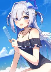 Rule 34 | 1girl, amane kanata, amane kanata (work), angel, angel wings, bare shoulders, blue hair, blush, collarbone, colored inner hair, feathered wings, food, fragir, grey hair, hair intakes, hair ornament, halo, highres, holding, holding food, holding popsicle, hololive, long hair, looking at viewer, multicolored hair, open mouth, pink hair, popsicle, purple eyes, single hair intake, solo, star halo, streaked hair, two side up, virtual youtuber, wings