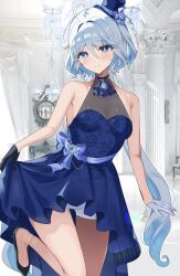 Rule 34 | 1girl, absurdres, ahoge, artistic error, ascot, asymmetrical gloves, bad hands, bare shoulders, black footwear, black gloves, blue ascot, blue dress, blue eyes, blue hair, blue hat, blush, breasts, cleavage, closed mouth, dress, furina (genshin impact), genshin impact, gloves, hair between eyes, hat, heterochromia, high heels, highres, light blue hair, long hair, looking at viewer, medium breasts, mismatched gloves, mismatched pupils, multicolored hair, rim (ririm711), see-through, see-through cleavage, short hair, shorts, smile, solo, top hat, white gloves, white hair, white shorts