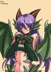 Rule 34 | 10s, 1girl, 2015, animal hands, claws, collar, dated, dragon (monster girl encyclopedia), dragon girl, dragon horns, dragon wings, fins, gradient background, green wings, head fins, horns, long hair, looking at viewer, lutherniel, monster girl, monster girl encyclopedia, navel, orange eyes, purple eyes, scales, signature, smile, solo, upper body, wings
