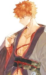 Rule 34 | 1boy, bad id, bad twitter id, emiya shirou, fate/grand order, fate (series), igote, japanese clothes, limited/zero over, looking down, male focus, nipple slip, nipples, orange hair, parted lips, simple background, solo, toned, toned male, white background, yellow eyes