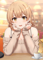Rule 34 | 1girl, :d, absurdres, bare shoulders, blush, breasts, brown hair, brown sweater, cafe, cleavage, commentary request, cup, hands up, highres, inanaki shiki, indoors, isshiki iroha, long sleeves, looking at viewer, medium breasts, medium hair, off-shoulder sweater, off shoulder, open mouth, plate, smile, solo, sweater, teacup, tongue, yahari ore no seishun lovecome wa machigatteiru., yellow eyes