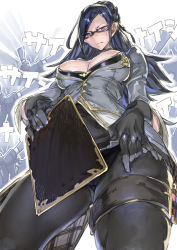 Rule 34 | 1girl, absurdres, black-framed eyewear, black gloves, black hair, breasts, clipboard, commentary request, from below, frown, glasses, gloves, granblue fantasy, highres, large breasts, long hair, looking down, priest producer (granblue fantasy), solo, sweatdrop, thick thighs, thighs, zunta