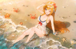 Rule 34 | 1girl, ;d, barefoot, bead bracelet, beads, bikini, blue eyes, bow, bracelet, breasts, cleavage, crab, day, flower, from above, full body, hair flower, hair ornament, hairband, hand up, highres, jewelry, large breasts, long hair, looking at viewer, navel, one eye closed, open mouth, orange hair, outdoors, pecorine (princess connect!), pecorine (summer) (princess connect!), princess connect!, red bow, sitting, smile, solo, sonchi, starfish, swimsuit, very long hair, water, white hairband