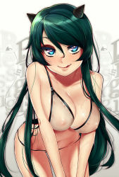 Rule 34 | 1girl, :&gt;, :q, bent over, bikini, blue eyes, blush, breasts, cleavage, collarbone, covered erect nipples, cowboy shot, fang, female focus, gradient background, green hair, hair between eyes, highres, horns, large breasts, long hair, looking at viewer, navel, nipples, original, rakkou, see-through, smile, solo, swept bangs, swimsuit, tongue, tongue out, very long hair, wet