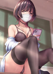 Rule 34 | 1girl, black hair, blush, bra, breasts, choker, cleavage, collarbone, highres, holding, holding phone, lace, lace-trimmed bra, lace trim, large breasts, long sleeves, looking at viewer, mask, mouth mask, multicolored hair, nail polish, original, panties, phone, purple hair, shirt, short hair, sitting, solo, thighhighs, thighs, underwear, wing (aiastor)