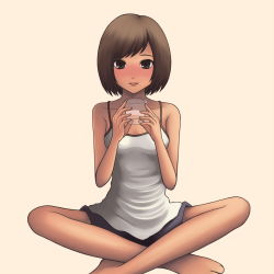 Rule 34 | 1girl, alcohol, bare legs, bare shoulders, barefoot, blush, bob cut, brown eyes, brown hair, camisole, drunk, glass, highres, indian style, light smile, on floor, original, prog, short hair, shorts, simple background, sitting, solo, tan