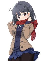 Rule 34 | 10s, 1girl, ahoge, bad id, bad twitter id, black pantyhose, blue hair, blue skirt, blush, braid, brown eyes, cardigan, coat, commentary request, covering own mouth, cowboy shot, duffel coat, enpera, kantai collection, long sleeves, looking at viewer, miniskirt, neck ribbon, nijimotohiro k, pantyhose, pleated skirt, ribbon, scarf, side braid, simple background, skirt, sleeves past wrists, solo, sweater, ushio (kancolle), white background