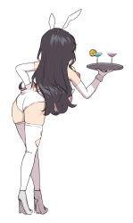 Rule 34 | 1girl, alternate costume, animal ears, ass, black hair, cocktail glass, cup, drinking glass, elbow gloves, fake animal ears, from behind, full body, gloves, hand on own hip, high heels, highres, holding, holding tray, kantai collection, leotard, long hair, looking at viewer, multicolored hair, naganami (kancolle), pink hair, playboy bunny, rabbit ears, rabbit tail, satsuki neko, simple background, solo, standing, strapless, tail, thighhighs, tray, two-tone hair, white background, white gloves, white thighhighs
