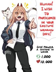 Rule 34 | 1girl, :d, animal, animal on shoulder, black necktie, black pants, blush, blushyspicy, cat, cat on shoulder, chainsaw man, collared shirt, english text, hair between eyes, highres, horns, long sleeves, meme, necktie, off shoulder, open mouth, orange eyes, pants, pointing, pointing at viewer, power (chainsaw man), red horns, sharp teeth, shirt, shirt partially tucked in, smile, solo, speech bubble, teeth, twitter strip game (meme), white shirt