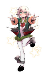 Rule 34 | 1girl, ahoge, black footwear, cannon, double v, fur-trimmed sleeves, fur trim, green eyes, green skirt, highres, kantai collection, long sleeves, looking at viewer, machinery, mary janes, mast, messy hair, neck ribbon, pantyhose, pleated skirt, red ribbon, ribbon, school uniform, serafuku, shimushu (kancolle), shoes, short hair, silver hair, sirakane (tigo5115), skirt, smile, solo, standing, standing on one leg, star (symbol), starry background, turret, v, white background, white pantyhose