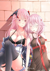 Rule 34 | 2girls, :o, absurdres, artist name, bare shoulders, black bra, black choker, black dress, black thighhighs, blue jacket, blush, bra, bra strap, breasts, choker, cleavage, closed eyes, closed mouth, clothes pull, collarbone, dress, feet out of frame, girls&#039; frontline, guilty crown, hair ornament, hairclip, hand on own chest, highres, hizuki.kaze, jacket, jacket pull, long hair, looking at another, m82a1 (girls&#039; frontline), medium breasts, multiple girls, on floor, open clothes, open jacket, open mouth, parted lips, pink hair, purple eyes, smile, thighhighs, thighs, underwear, wall, yuri, yuzuriha inori