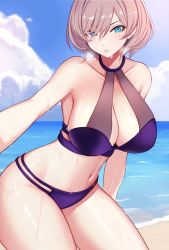 Rule 34 | 1girl, absurdres, ateoyh, beach, bikini, blue bikini, blue eyes, blue sky, blush, breasts, breath, cleavage, cloud, cloudy sky, collarbone, commentary, cowboy shot, day, gridman universe, hair between eyes, highres, large breasts, light brown hair, lips, looking at viewer, mujina, navel, ocean, outdoors, outstretched arm, parted bangs, parted lips, short hair, sky, solo, ssss.dynazenon, stomach, swimsuit, thighs, wet