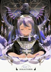 Rule 34 | 1girl, animal, animal on head, bird, bird on head, black hair, candle, candlestand, closed eyes, closed mouth, collar, cross, crow (la+ darknesss), facing viewer, frown, grey hair, highres, holding, holding cross, hololive, la+ darknesss, metal collar, multicolored hair, on head, ranqi070, solo, streaked hair, veil, virtual youtuber