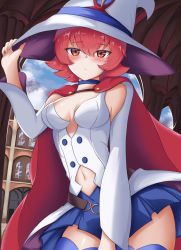 Rule 34 | 1girl, absurdres, bare shoulders, blue choker, blue skirt, blue thighhighs, breasts, cape, choker, clothing cutout, cowboy shot, detached sleeves, hand on headwear, hat, highres, little witch academia, looking at viewer, medium breasts, navel, navel cutout, nicksuslin, red cape, red eyes, red hair, shiny chariot, short hair, skirt, solo, thighhighs, thighs, two-sided fabric, two-sided headwear, vest, white hat, witch hat