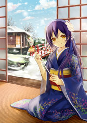Rule 34 | 10s, 1girl, arrow (projectile), blue hair, blue sky, bridge, building, clouble, cloud, day, flower, hair flower, hair ornament, hairpin, holding, house, indoors, japanese clothes, kimono, long hair, looking at viewer, love live!, love live! school idol festival, love live! school idol project, seiza, sitting, sky, sliding doors, smile, snow, snowing, solo, sonoda umi, stone lantern, tassel, yellow eyes