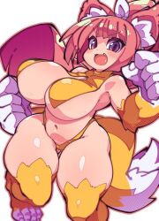 Rule 34 | 1girl, animal ears, bouncing breasts, breast curtains, breasts, brown hair, cosplay, curvy, disgaea, female focus, fox ears, fox girl, fox tail, fukurou (owl222), jumping, large breasts, long hair, multiple tails, navel, nekomata (disgaea), panties, plump, shiny skin, solo, tail, thick thighs, thighs, underwear, white background, wide hips, yellow panties