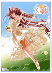 Rule 34 | 1girl, :d, absurdres, ahoge, airi (quilt), blanket, blush, carnelian, clover, clover (flower), day, dress, dutch angle, flower, full body, highres, lace, lace-trimmed dress, lace trim, leg up, long hair, looking at viewer, open mouth, outdoors, outstretched arm, outstretched hand, quilt, quilt (game), reaching, sandals, scan, sky, smile, solo, two side up, very long hair, white dress