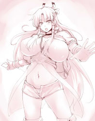Rule 34 | 1girl, breasts, character request, cleavage, goban, hair tubes, huge breasts, long hair, midriff, monochrome, navel, open mouth, outstretched arm, panties, short shorts, shorts, solo, thighhighs, underwear