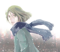Rule 34 | 1boy, coat, fate/zero, fate (series), green eyes, green hair, male focus, matching hair/eyes, mican0216, scarf, short hair, snowing, solo, waver velvet, winter clothes