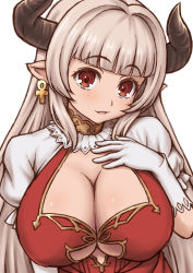 Rule 34 | 10s, 1girl, alicia (granblue fantasy), breasts, cleavage, draph, earrings, eyebrows, gloves, granblue fantasy, hand on own chest, horns, jewelry, kasanui, large breasts, long hair, looking at viewer, pointy ears, red eyes, silver hair, simple background, solo, upper body, white background, white gloves
