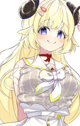 Rule 34 | 1girl, animal ears, arms behind back, belt, blonde hair, blush, breasts, choker, closed mouth, hair ornament, hairclip, high-waist skirt, highres, hololive, horns, inaba reito, large breasts, long hair, looking at viewer, neck ribbon, pinstripe pattern, pinstripe shirt, purple eyes, red choker, ribbon, ribbon choker, sailor collar, see-through, see-through sleeves, sheep ears, sheep girl, sheep horns, shirt, short sleeves, simple background, skirt, smile, solo, striped, tsunomaki watame, tsunomaki watame (street casual), upper body, very long hair, virtual youtuber, white background, white ribbon, white skirt