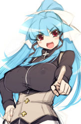 Rule 34 | 1girl, bad id, bad pixiv id, blue hair, bow, breasts, corset, cross, covered erect nipples, hair bow, hair ribbon, large breasts, long hair, mel/a, melmaid, open mouth, original, pointing, pointing at viewer, ponytail, red eyes, ribbon, sketch, solo