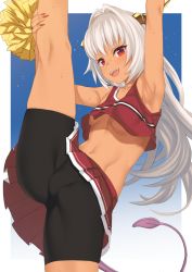 Rule 34 | 1girl, :d, arm up, armpits, bike shorts, breasts, cheerleader, commentary request, cowboy shot, crop top, crop top overhang, dragon girl, dragon tail, fangs, highres, horns, leg up, long hair, looking at viewer, midriff, miniskirt, nail polish, navel, nipple slip, nipples, nipples, no bra, open mouth, original, pleated skirt, pom pom (cheerleading), red eyes, red nails, red shirt, red skirt, shirt, shorts, shorts under skirt, skirt, sleeveless, sleeveless shirt, small breasts, smile, solo, stomach, sweat, tail, takunomi, ursula (takunomi), white hair