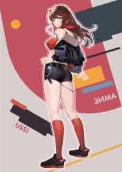 Rule 34 | 1girl, absurdres, alternate costume, arknights, ass, bandeau, bare shoulders, black footwear, black jacket, black shorts, blue eyes, brown hair, commentary request, full body, highres, hongbaise raw, jacket, kneehighs, long hair, looking at viewer, midriff, off shoulder, open clothes, open jacket, red socks, shoes, short shorts, shorts, socks, solo, standing, strapless, thighs, tube top, zima (arknights)