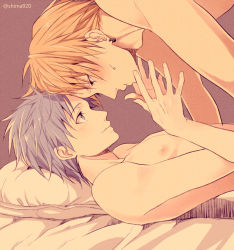 Rule 34 | 2boys, :t, adam&#039;s apple, arched back, bad id, bad pixiv id, blonde hair, blue eyes, blush, brown background, earrings, eye contact, face-to-face, forehead-to-forehead, heads together, jewelry, kise ryouta, kuroko no basuke, kuroko tetsuya, looking at another, lying, male focus, mashima shima, multiple boys, nipples, nude, on back, pillow, pout, profile, shima (alco), short hair, simple background, smile, sweat, yaoi