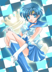Rule 34 | 1990s (style), 1girl, bishoujo senshi sailor moon, blue dress, blue eyes, blue footwear, blue hair, blue sailor collar, blue skirt, blue theme, boots, bow, brooch, checkered background, chess piece, choker, dress, earrings, elbow gloves, full body, gloves, jewelry, knee boots, magical girl, matching hair/eyes, mizuno ami, pleated skirt, queen (chess), retro artstyle, ribbon, sailor collar, sailor mercury, shirataki kaiseki, short hair, skirt, smile, solo, star (symbol), starry background, tiara, white gloves