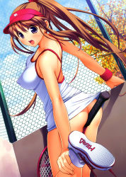 Rule 34 | 1girl, absurdres, ass, bare shoulders, between thighs, blush, bottomless, breasts, brown hair, cleavage, covered erect nipples, hamashima shigeo, highres, leg up, long hair, looking back, no panties, open mouth, ponytail, purple eyes, racket, shoes, sneakers, solo, sportswear, sweat, tennis racket, tennis uniform, thighs, visor, visor cap, white legwear, wristband